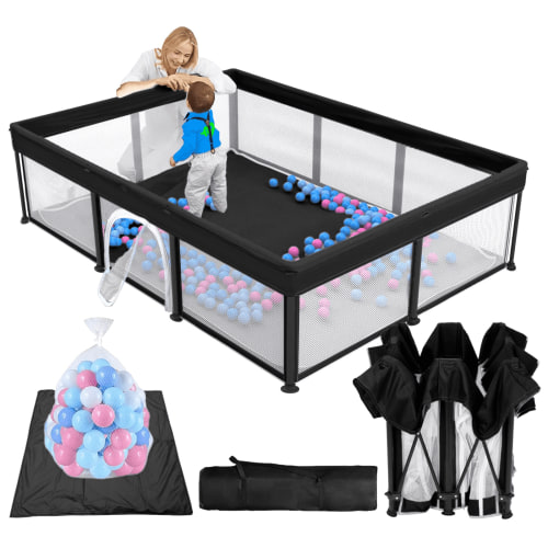 G TALECO GEAR Large Baby Playpen with Mat, Foldable Playpen for Babies and Toddlers, Portable Travel Play Yard, 50"x71", Black