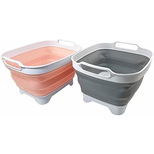 SAMMART 7.5L (2 Gallons) Collapsible Dishpan with Draining Plug - Foldable Washing Basin - Portable Dish Washing Tub - Space Saving y (Grey + Pearl Blush, 2)