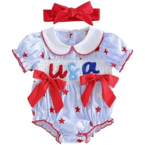 Bonangber Baby Girl Summer Clothes Classic Stripes Plaid Print Short Sleeve Romper Smocked Bodysuit Cute Newborn Playsuit