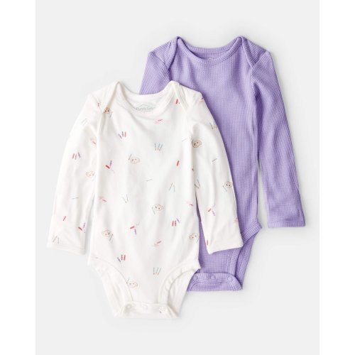 Baby Girl Paint Print PurelySoft Long-Sleeve Multipack Bodysuits - White/Purple | Carter's