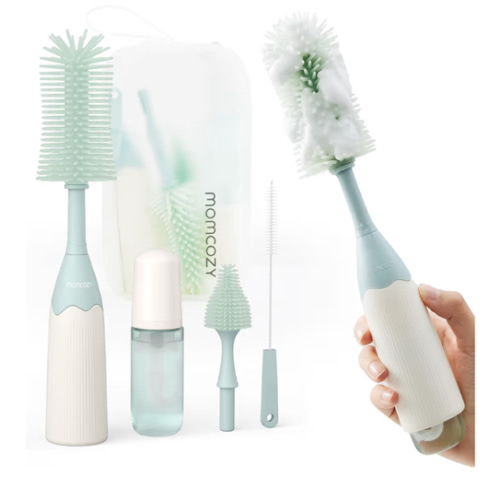 Momcozy Bottle Brush Kit, Innovative Push-Press Design for Better Cleaning - Baby Bottle Cleaner Brush for Baby Bottle, Breast Pumps, Nipples, and More - Can Generate Foam for Better Cleaning, Green
