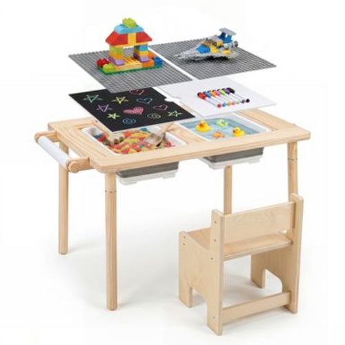 Costway Kids Sensory Table and Chair Set with Adjustable Height, Dual Sided Top, 2 Bins