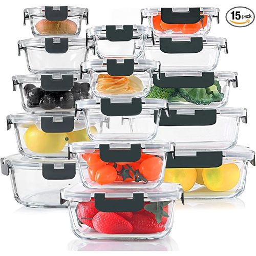 30 Pieces Glass Food Storage Containers Set, Glass Meal Prep Containers Set with Snap Locking Lids, Airtight lunch Containers for Microwave, Oven, Freezer & Dishwasher,Gray