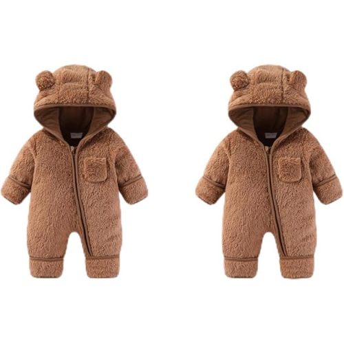 AiWMGL 0-3 Months& 3-6 Months Newborn Baby Bear Outfit Suit Fold-Over Mittens Footies Girls Boys Winter Fleece Clothes Hooded Jumpsuit Romper