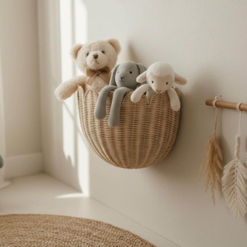 Scalloped Wicker Wall Basket Hand-Woven Rattan, Hand Woven Rattan Wall Hanging | Boho Nursery Storage