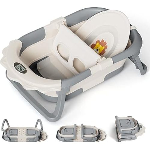 MoreFeel Foldable Baby Bathtub with Thermometer - 4-in-1 Grow-with-Me Collapsible Infant Tub (Newborn to Toddler) with Adjustable Mesh Sling - Space Saving Design