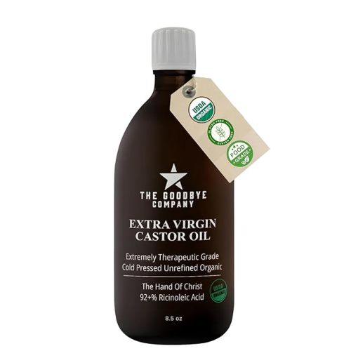 Goodbye Company USDA Organic Food Grade Cold-Pressed Castor Oil - 8.5 oz Glass Bottle, Hexane-Free, Extra Virgin, Small Batch Family Farm Ethically Sourced for Hair Growth, Digestion, Lashes, Brows