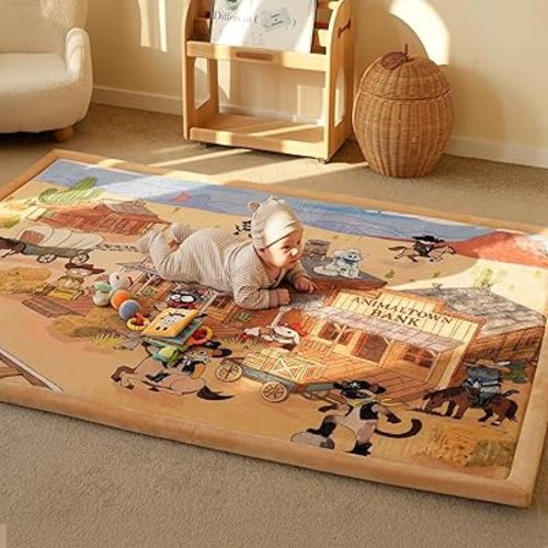 1.5" Thick Educational Large Baby Floor Play Mat 79x118, Flannel Padded Memory Foam Kids Mat, Non-Slip Plush Playmat for Nursery Playroom Classroom (Western Cowboy)