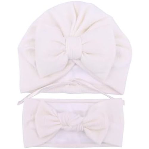 Jomila Bundle of Bonnet and Headband for Baby Newborn Silk Satin Lined Beanie Toddler Infant Girls Adjustable Hat 0-6 Months
