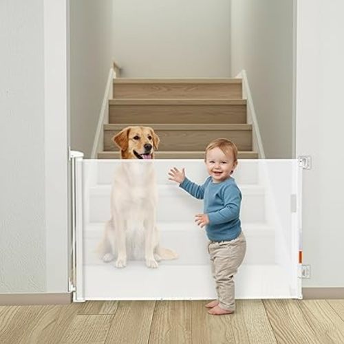 Retractable Baby Gate for Stairs - White Baby Gate 55 inches Wide 34 inch Tall, Mesh Retractable Dog Gate for doorways, Hallways, Deck, Outdoor, Indoor, Kitchen, & Porch - Drill Installation