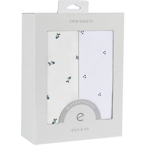 Ely's & Co. Patent Pending Waterproof Crib Sheets, 100% Cotton with Waterproof Lining - Built in Mattress Protector, 2 Pack Fitted Crib Sheet Set, Berry and Cluster Dot (Blue) 28” x 52”