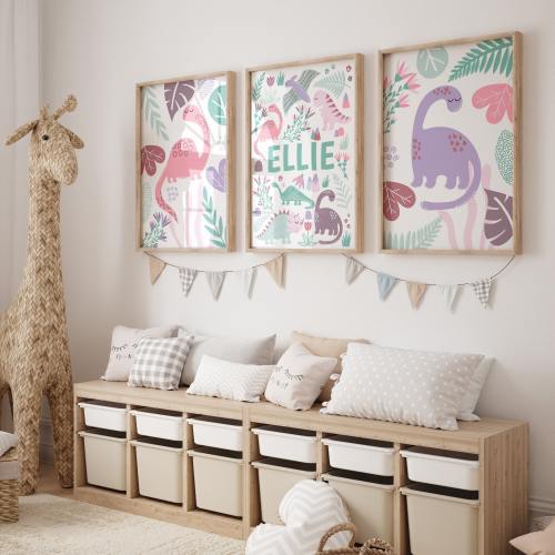 Personalised Dinosaur Nursery Print Set: Pink & Purple Boho Decor