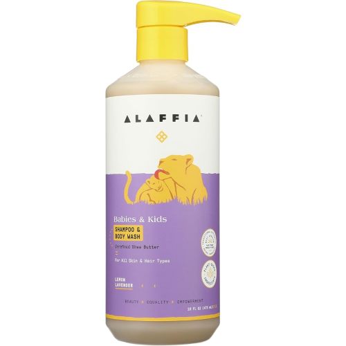 Alaffia Babies and Kids Shampoo and Body Wash, Gentle and Calming Support for Soft Hair and Skin with Shea Butter, Neem, and Coconut Oil, Fair Trade, Lemon Lavender, 16 Fl Oz