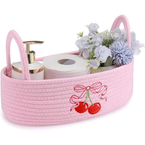 Vesici Cherries Toilet Paper Basket Boho Woven Cotton Rope Bathroom Countertop Organizer with Handle Pink Bow Cherry Bathroom Storage Decor for Toilet Closet Bedroom Nursery, 13 x 6 x 4 Inch
