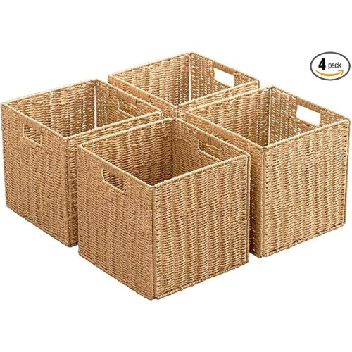 Foldable Storage Baskets with Handles Paper Rope Storage Baskets Rectangle Collapsible Hand Woven Storage Cubes Bins for Organizing Shelves Living Room Bedroom Pantry (4, 13'' x 13'' x 13'')