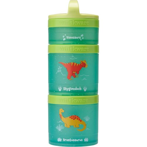 Whiskware Dinosaur Stackable Snack Containers for Kids and Toddlers, 3 Stackable Snack Cups for School and Travel, Green/Blue