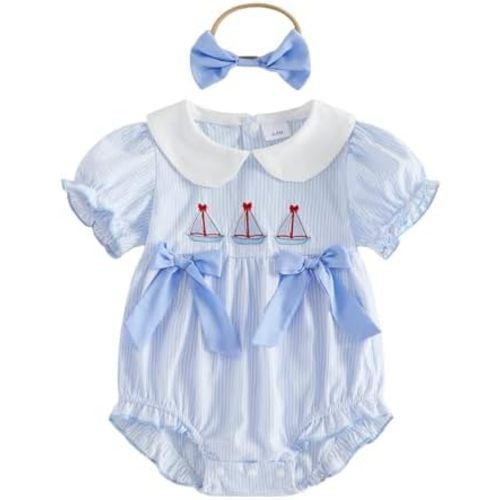 Baby Girl Sailboat Smocked Bubble Romper Doll Collar Ruffle Stripe Bodysuit Bow Infant Jumpsuit Cute Summer Outfit