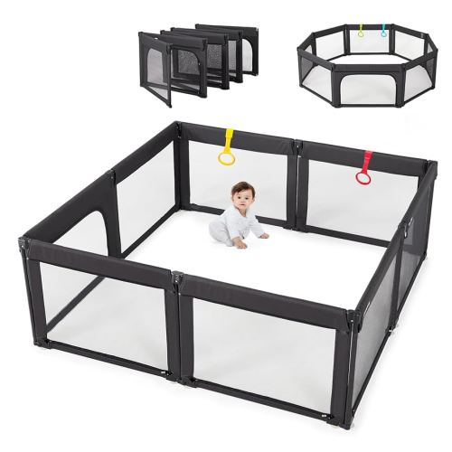 Foldable Baby Playpen, Shape & Size Adjustable Playpen for Toddler, 59x71 Large Play Pens Safety Mesh Foldable Playard for Babies, Portable Baby Fence Play Area Kids Play Pen, Black