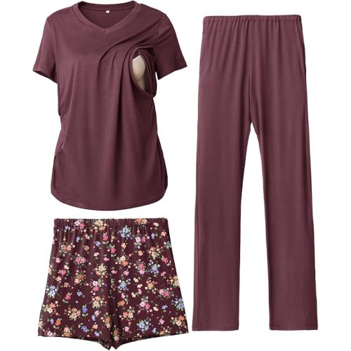 Rnxrbb 3 Piece Women's Maternity Nursing Pajamas Set V Neck Breastfeeding Pjs Sleepwear Postpartum Shorts&Pants Pockets,Dark purple floral M