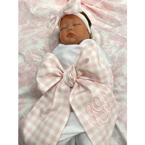 Choose your Color Monogrammed Newborn Gingham Check Bow Sash, Maternity Photo Prop, Monogrammed Newborn Wrap, Baby Photo Prop, Big Bow