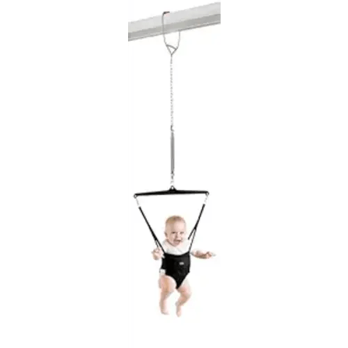 Jolly Jumper Iconic (Black), Doorway Baby Jumper, Indoor Exercise Saddle Seat, Adjustable Height, for Infants up to 28lbs, No Stand Required