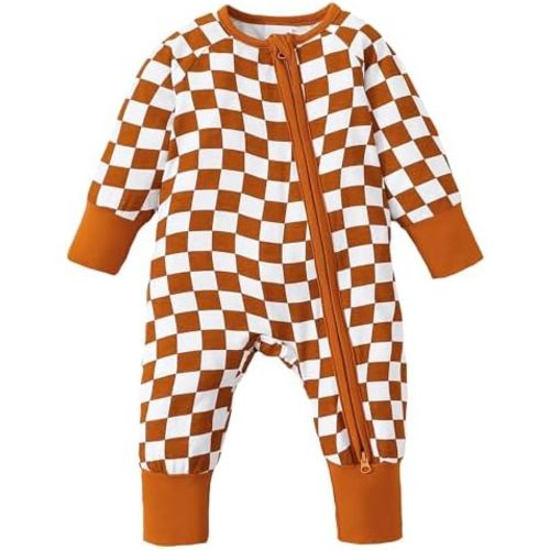 Mikrdoo Baby Boy Pajamas Preemie Clothes Newborn Boys Romper Zipper Long Sleeve Plaid Jumpsuits Infant Clothing