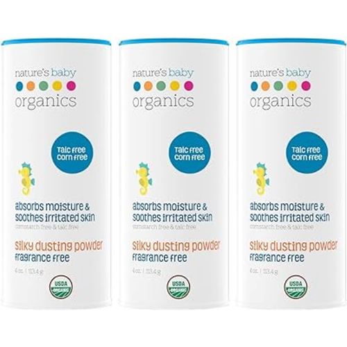 Nature's Baby Organics Baby Powder Talc Free Corn Free Diaper Dusting Powder with Aloe Soft Gentle 100% Organic Baby Powder Hypoallergenic Fragrance Free 4 oz, 3 Pack