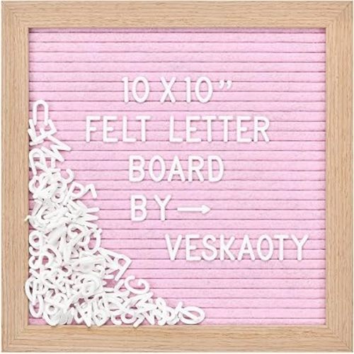 Veskaoty Felt Letter Board with 294 Letters, 10 x 10 Inch, Pink & Wood
