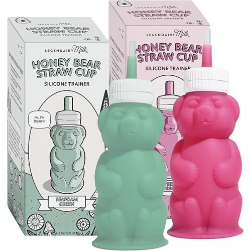 Legendairy Milk Honey Bear Straw Cup Silicone for Babies (Green/Raspberry), 8 oz. Dishwasher Safe Baby Straw Cup, Food Grade Silicone, Honeybear Sippy Cup for Ages 4+ Months (Pack of 2)