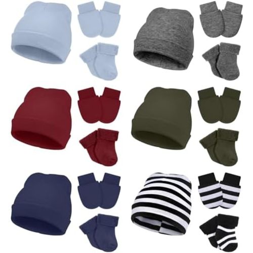 Toulite 6 Pack Preemie Hats Mittens and Socks Set Cotton Preemie Beanie Hat Socks and No Scratch Mittens