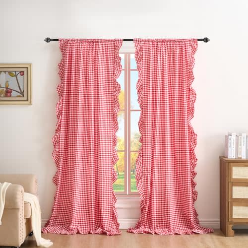 Red White Plaid Gingham Ruffle Curtains 2 Panels W52”xH63” | 100% Washed Cotton, Drapes for Bedroom Living Room Doorway, Shabby and Chic Window Treatment, Rod Pocket