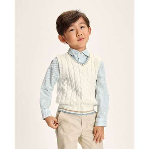 Boys Tipped Cable Knit Sweater Vest - Enchanted Garden - White