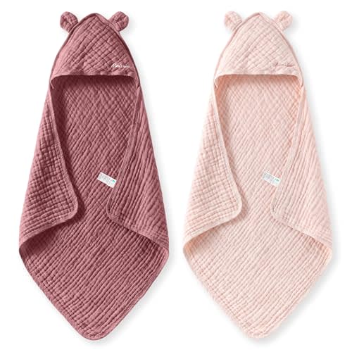 Momcozy Baby Towels, 6-Layer 100% Cotton Muslin Hooded Baby Towel Set for Newborn, Infant & Toddler, Soft Absorbent Baby Bath Essentials, Large 32 x 32 Inch