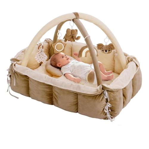 5-in-1 Baby Play Gym and Tummy Time Mat, Tummy Time Pillow & 12 Learning Cards, Plush Activity Mat with 6 Toys, Baby Gym, Convertible to Ball Pit, Baby Gift, Brown