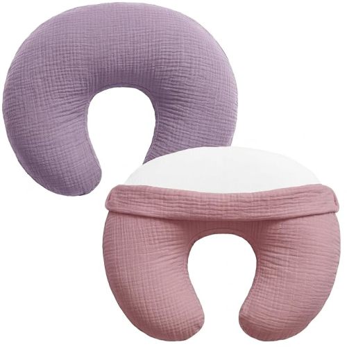 Pro Goleem Muslin Nursing Pillow Cover, 100% Cotton Soft Breathable Feeding Pillow Slipcover for Breastfeeding Moms, Fits Standard Infant Nursing Pillow, for Boys and Girls, 2 Pack (Pink＆Purple)