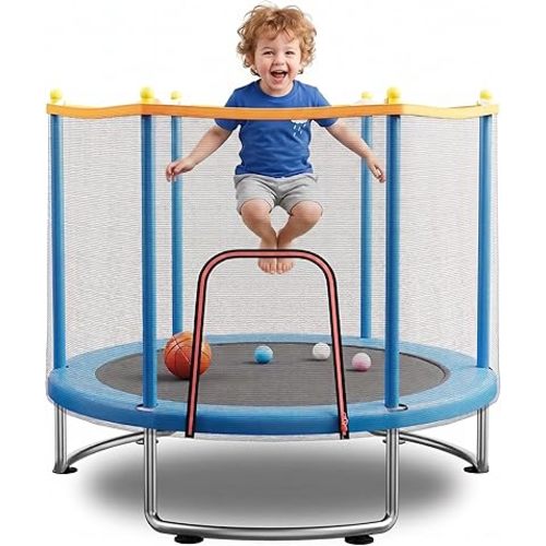 Kids Trampoline with Safety Net – 440lbs Capacity, Upgraded Rust-Proof Ring Legs, Adjustable Gymnastics Bar & Toys – Indoor Outdoor Toddler Trampoline for Boys & Girls Ages 1-8