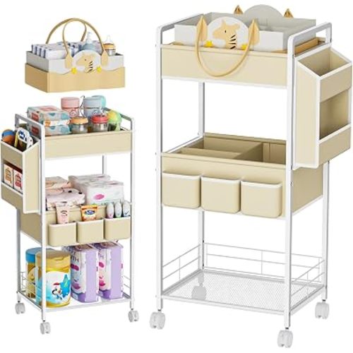 2In1 Baby Diaper Caddy & 3-Tier Rolling Diaper Cart, Diaper Caddy Organizer with Dividers & Pockets, Mobile Metal Utility Cart for Baby Essentials, Bedroom, Kitchen & Office