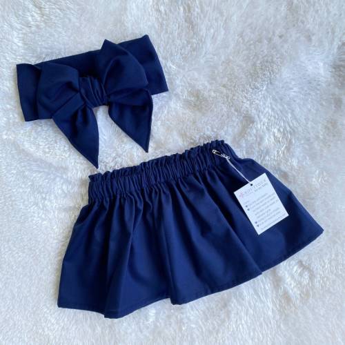 Navy Cotton Baby Skirt Set: Bow Headwrap, Toddler Outfit