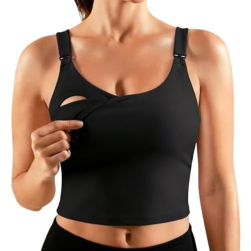 Ecavus Nursing Bras for Breastfeeding Longline Sports Maternity V Neck Buttery Soft Crop Tank Top with Built in Bra