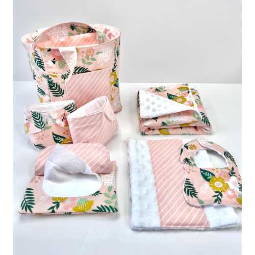 7–Piece Pink Baby Doll Diaper Bag: Blanket, Wipes Case, 2 Diapers, Bib, Burp Cloth