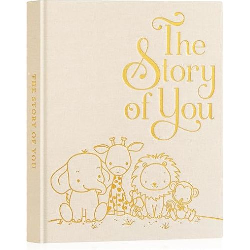 Lanpn Baby Memory Book for Boy Girl - The Story of You, Newborn Babys Book Keepsake Photo Album for New Parents, Linen Cover Baby First 5 Year Milestone Scrapbook Journal (Beige, 154 Pages)