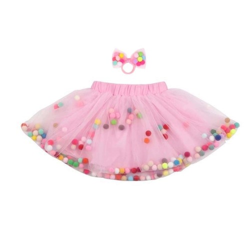 Pink Pom Pom Tutu and Bow Hair Tie, Birthday Smash Cake Skirt| Baby and Toddlers (0M-8T) Ultra Soft Tutu Skirt | Pom Pom Skirt For Girls