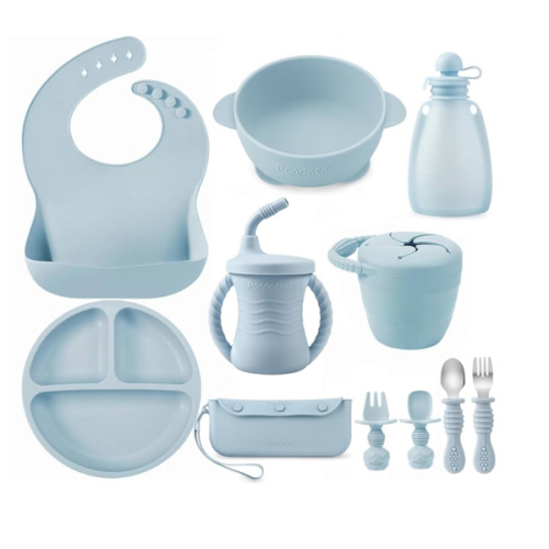 PandaEar Silicone Feeding Set | 11PCS Led Weaning Supplies Self Feeding Utensils | Divided Suction Plate Bowl Bibs Sippy Cup With Food Pouch Snack Container Spoons Forks, Blue : Amazon.com.au: Baby