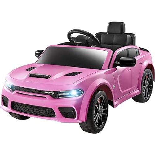 12V 7Ah Kids Electric Ride on Car, Licensed Dodge Charger SRT Hellcat, Battery Powered 4-Wheels Toy Car Electric Vehicle for Kids with Remote Control, 3 Speeds, LED Lights, Music (Pink)