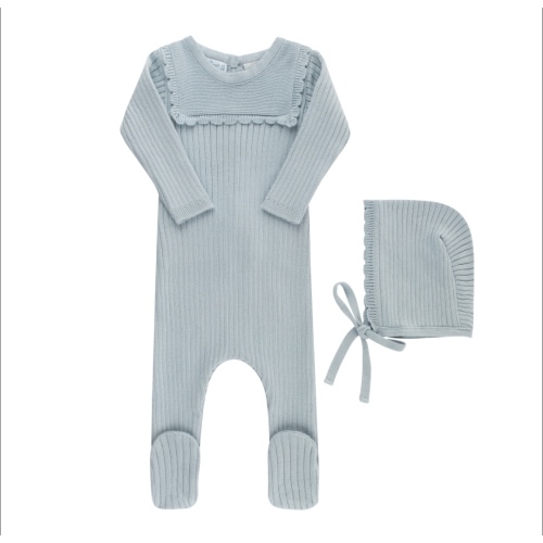 Scallop Trimmed Rib Knit Romper & Bonnet I Newborn Layette with Hat | Feltman Brothers