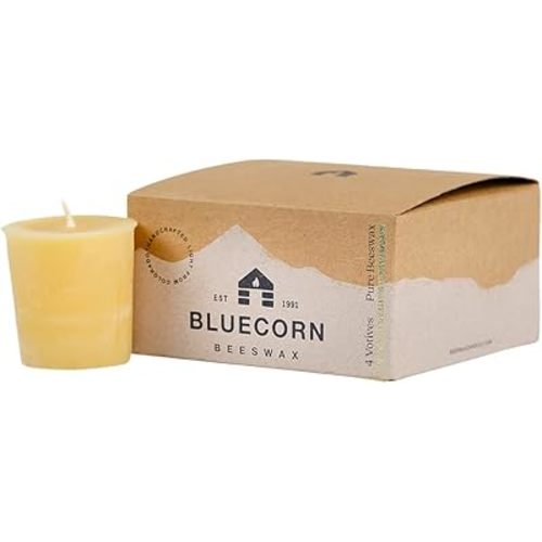 Bluecorn Beeswax Votive Candles, 100% Pure Natural Bees Wax, Yellow Votives, Clean Burning & Long Lasting (12+ Hours), Fragrance Free, Home Decor & Wedding Decorations, American Made, 4 Pack