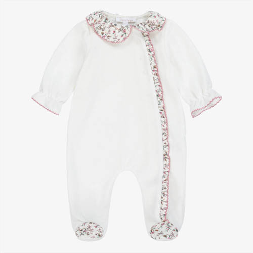Patachou - Girls Ivory Cotton Velour & Liberty Trim Babygrow | Childrensalon