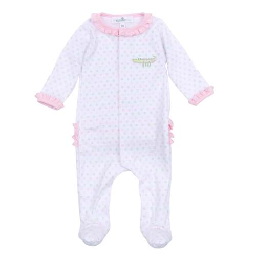 Alligator Pie Embroidered Ruffle Footie - Pink