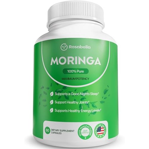 Rosabella Moringa Capsules - Pure Moringa Powder, Energy, Skin, Immune & Gut Health Superfood, Rich in Antioxidants, Essential Vitamins & Amino Acids, Natural Green Superfood Supplement - 60 Count
