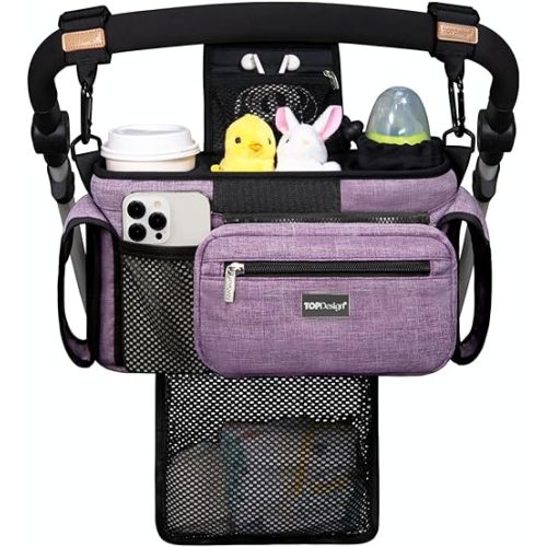 TOPDesign Universal Baby Stroller Organizer, Stroller Caddy with Detachable Mesh Bag & Heightened Insulated Cup Holders & Non-Slip Secure Hooks Accessories, Fits Most Strollers (Purple)